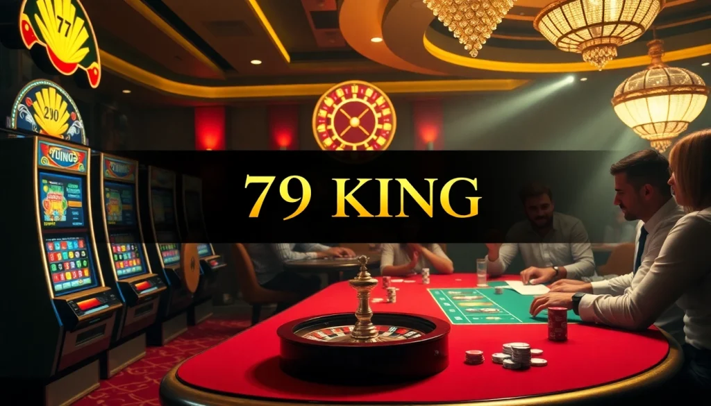 Experience the excitement of gambling at 79KING Casino with engaging players around vibrant slot machines.