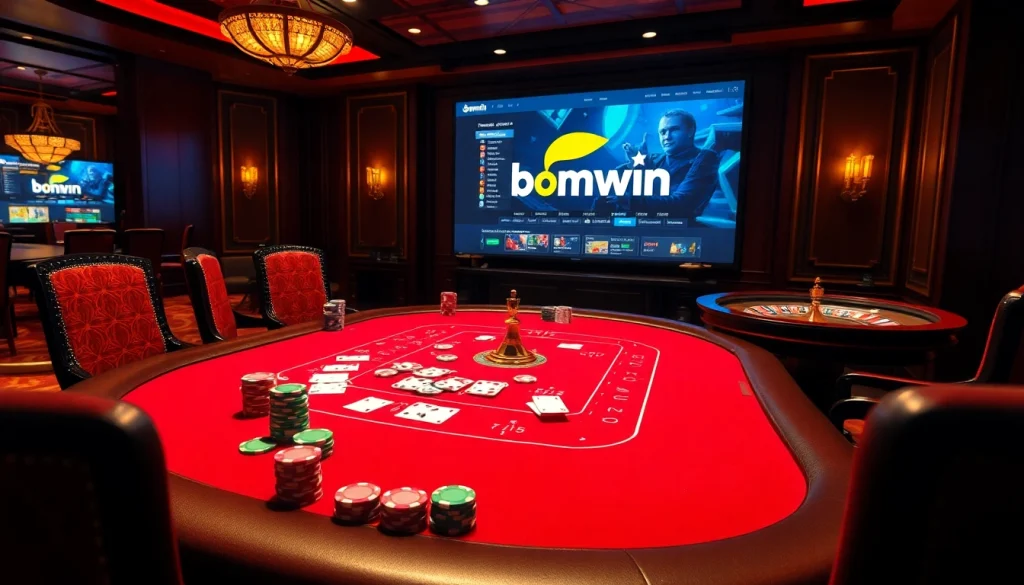Experience thrilling gameplay at Bomwin's luxurious casino tables surrounded by colorful chips and cards.