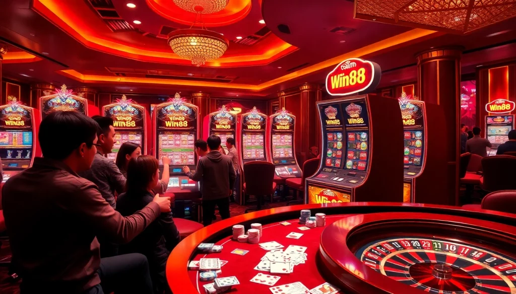 Players engaging with a win88 slot machine in an exciting casino environment.