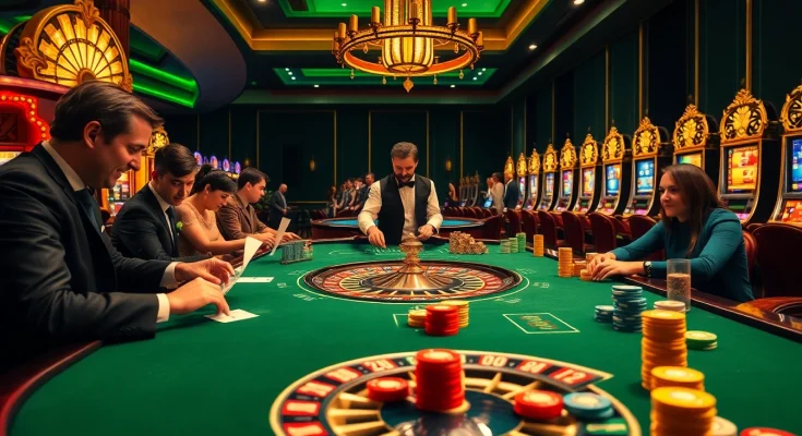 Engaged players enjoying an HB88-themed casino table game with vibrant chips and elegant decor.