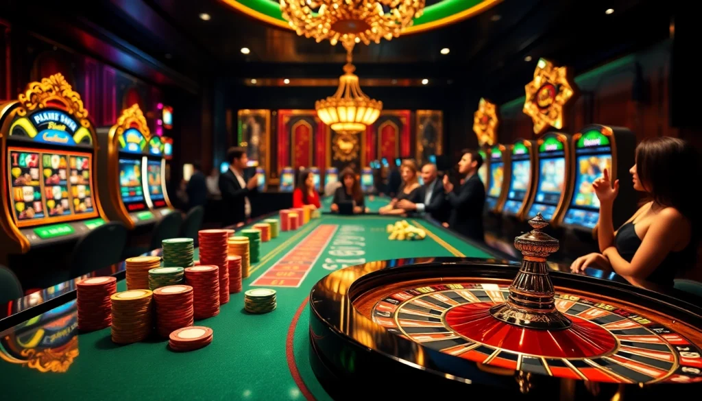 Exciting casino gameplay at 65A with vibrant tables, poker chips, and roulette for gamblers.