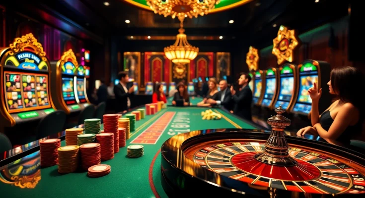 Exciting casino gameplay at 65A with vibrant tables, poker chips, and roulette for gamblers.