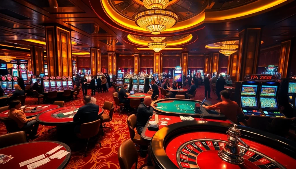 Players enjoying high-stakes games at TP88 casino, with vibrant slot machines and poker tables.