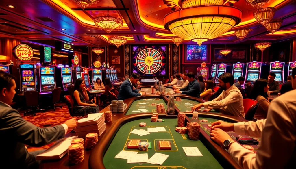 S666 casino players engage in thrilling games surrounded by vibrant slot machines and poker tables.
