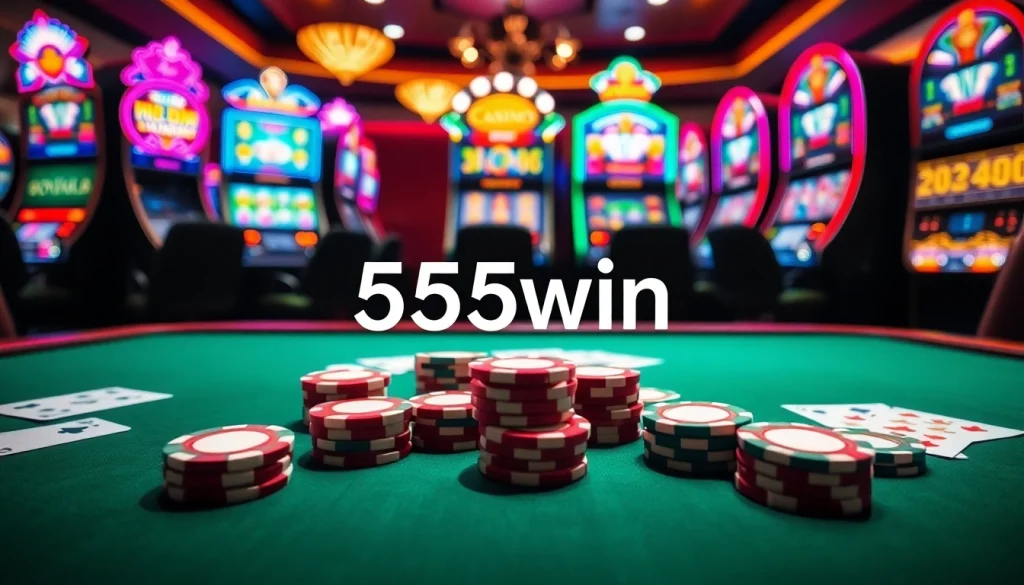 Experience the thrill of winning at 555win casino with vibrant poker chips and slot machines.