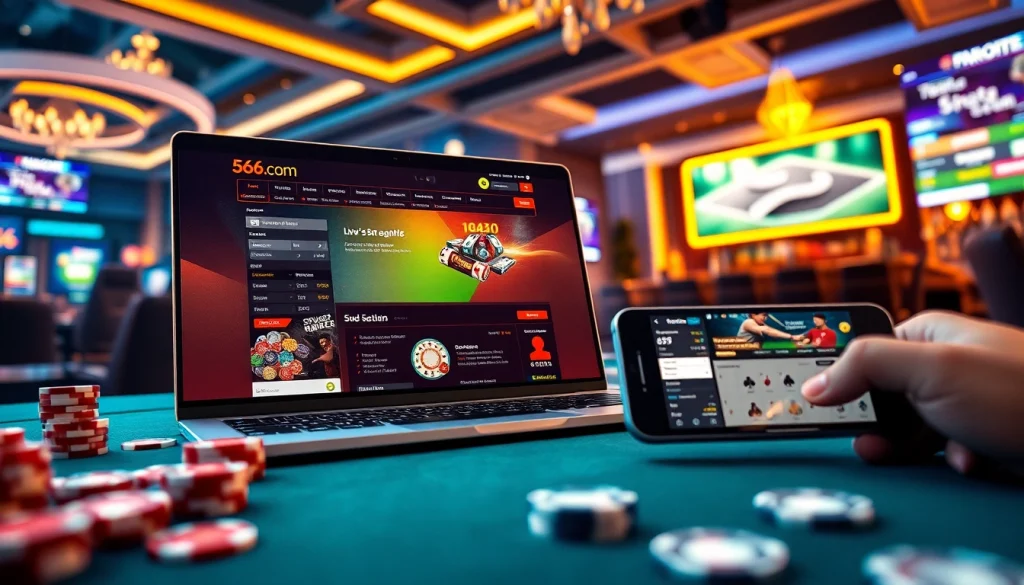 Engaging online gambling scene with 566.com website and mobile app interfaces.