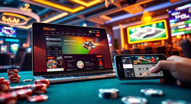 Engaging online gambling scene with 566.com website and mobile app interfaces.
