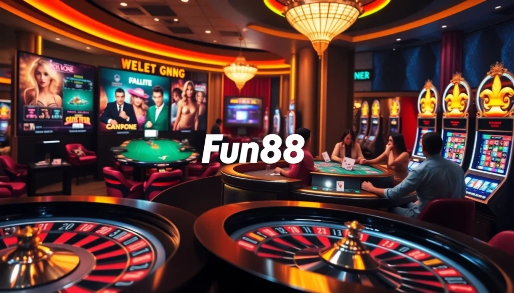 Exciting gameplay at Fun88 featuring poker, roulette, and casino tables with vibrant colors.