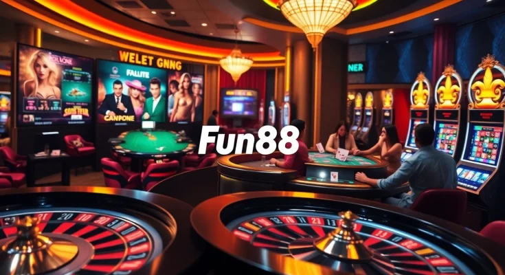 Exciting gameplay at Fun88 featuring poker, roulette, and casino tables with vibrant colors.