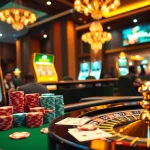 Experience thrilling casino action with a professional gambling scene inspired by https://vu88.tech/, featuring vibrant poker chips and a roulette wheel.