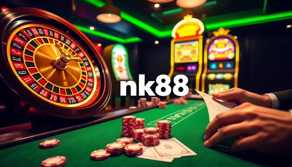 A thrilling casino scene with poker chips and a roulette wheel, showcasing nk88 excitement.