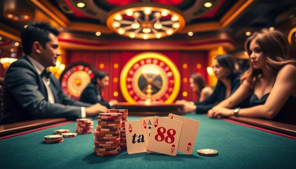 Players enjoying a high-stakes poker game at ta88 casino, showcasing chips and cards.