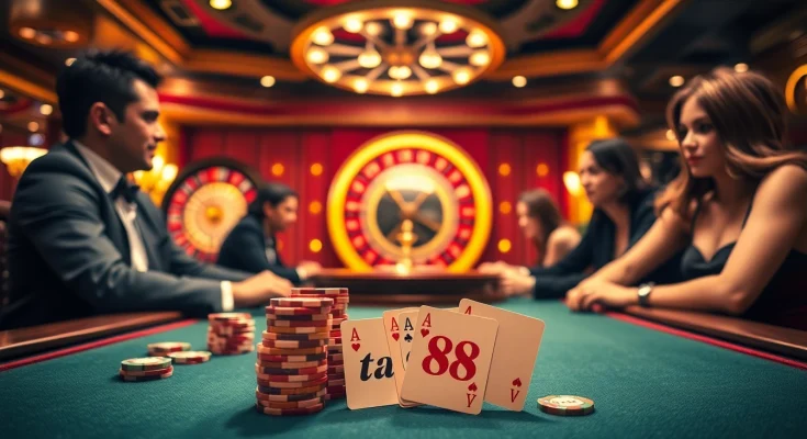 Players enjoying a high-stakes poker game at ta88 casino, showcasing chips and cards.