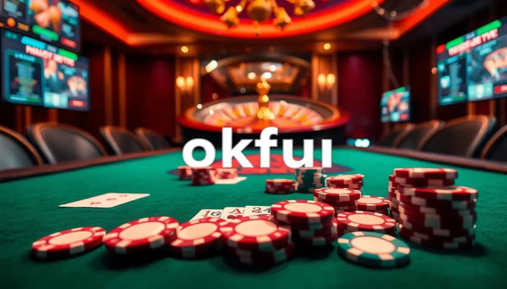 Engaging poker players enjoying intense gameplay at okfun casino, surrounded by vibrant chips and a roulette wheel.