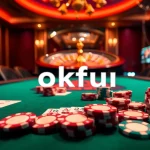 Engaging poker players enjoying intense gameplay at okfun casino, surrounded by vibrant chips and a roulette wheel.