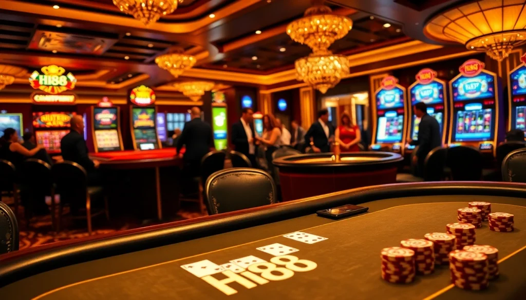 Hi88 players enjoying their luck at a vibrant casino table with poker chips and cards.