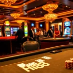 Hi88 players enjoying their luck at a vibrant casino table with poker chips and cards.