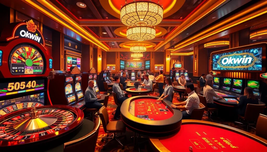 Players enjoying the Okwin casino experience with vibrant slot machines and roulette tables.