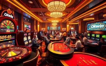 Players enjoying the Okwin casino experience with vibrant slot machines and roulette tables.