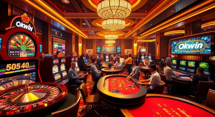 Players enjoying the Okwin casino experience with vibrant slot machines and roulette tables.