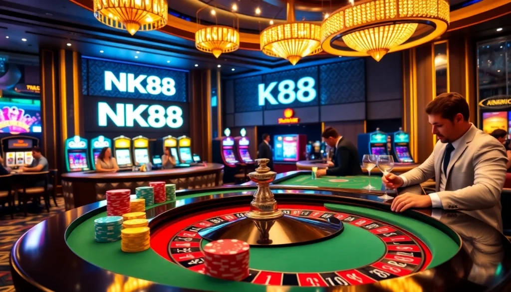 Players enjoying thrilling games with NK88 branding in a luxury casino setting.