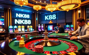 Players enjoying thrilling games with NK88 branding in a luxury casino setting.