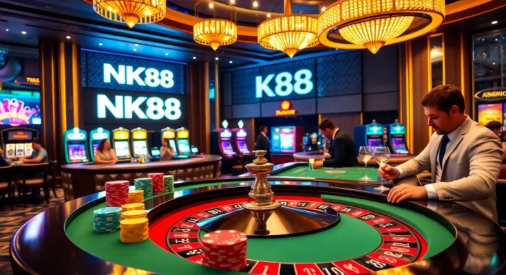 Players enjoying thrilling games with NK88 branding in a luxury casino setting.