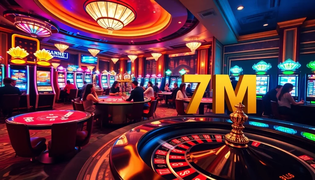 Players winning big at a casino with vibrant slot machines and 7M chips.