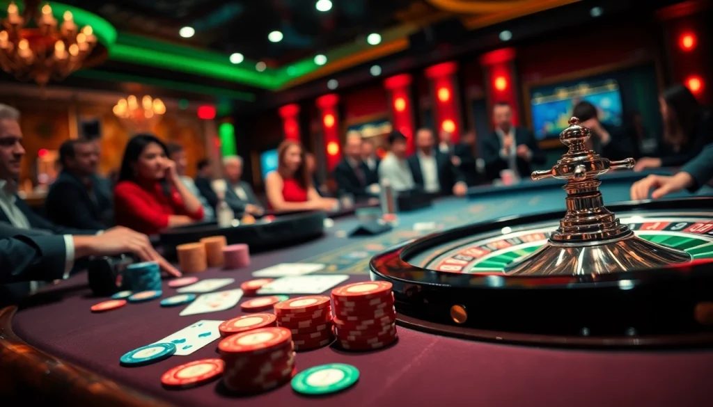 Gamblers enjoying a thrilling game at a casino table with the iP88 audio dock enhancing the atmosphere.