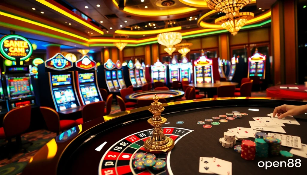 Exciting gameplay at open88 casino with vibrant roulette and poker tables, showcasing luxury and thrill.