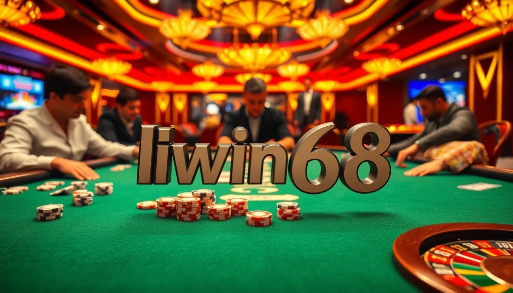 Experience the excitement of the Iwin68 casino with vibrant poker tables and vivid gambling elements.