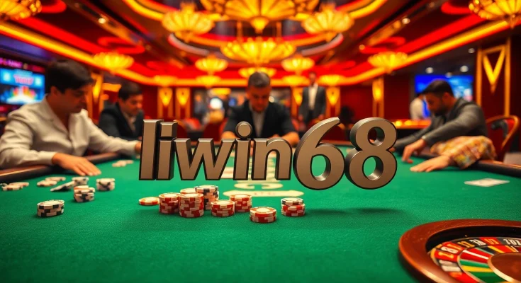 Experience the excitement of the Iwin68 casino with vibrant poker tables and vivid gambling elements.