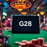 G28 online gaming experience with poker chips and a roulette wheel, showcasing excitement and luxury.