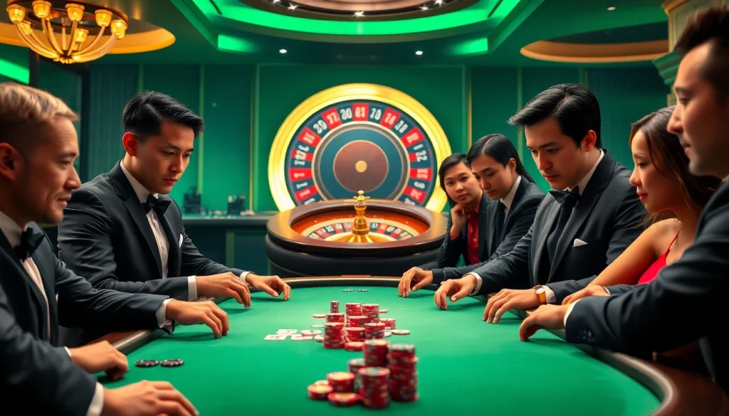 vin88 poker players enjoying tension-filled gameplay at a luxurious casino table