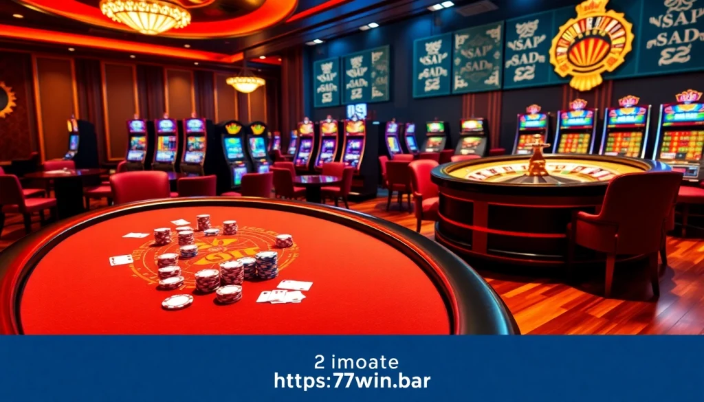 Experience thrilling gameplay at https://77win.bar/ with an elegant casino scene featuring poker, roulette, and slots.