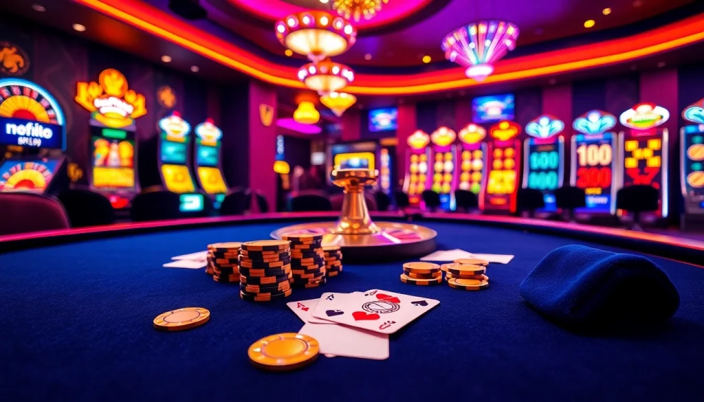 Experience thrilling online gambling action with https://mtr888.com/, featuring luxurious casino tables, vibrant poker chips, and exciting game elements.