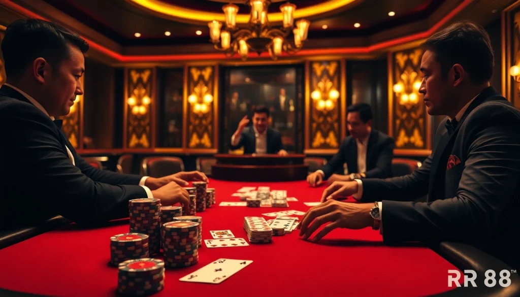 RR88 players competing at a luxurious poker table in a vibrant casino.