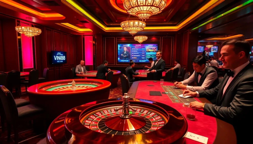 Engage in thrilling bets at Vin88ac.com in a luxurious casino setting.