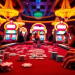 Experience the thrill of gaming at 555win's vibrant casino, featuring poker chips and illuminated slot machines.