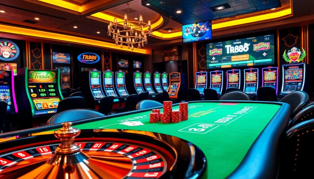 Experience the thrill of tr88 betting with a vibrant casino atmosphere filled with chips and cards.
