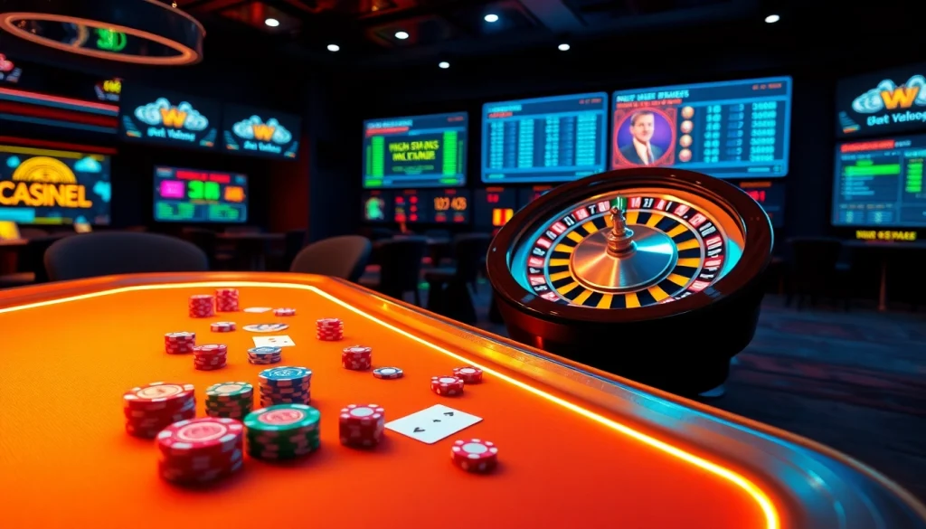 Experience thrilling gameplay at https://zx88.buzz/ with a luxurious casino scene featuring vibrant poker and roulette.