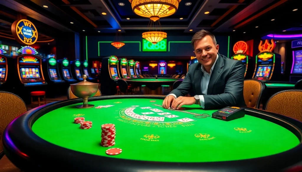 Experience the excitement of iq88 at a luxurious casino table with vibrant poker chips and cards.