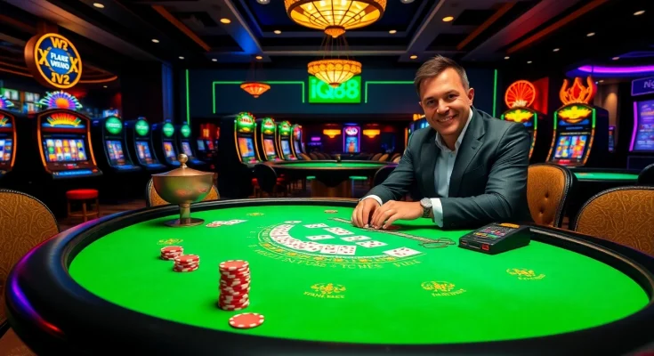 Experience the excitement of iq88 at a luxurious casino table with vibrant poker chips and cards.