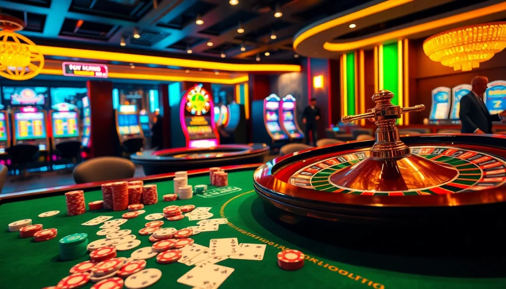 Engaging scene of nhà cái xx88 showcasing casino excitement with poker, roulette, and players.