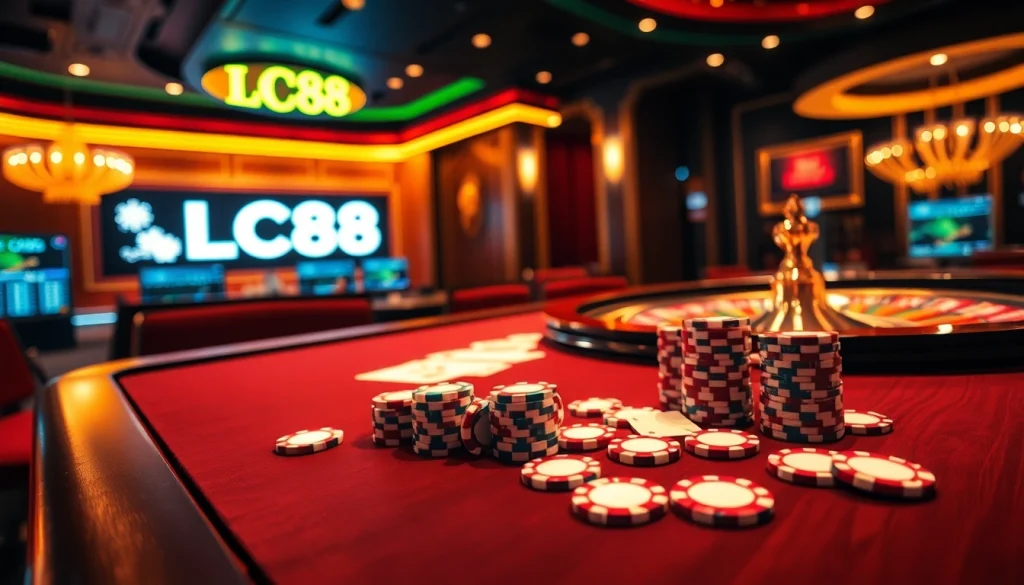 Players engaging in an exciting game at LC88 casino table with vibrant lighting and high-stakes atmosphere.