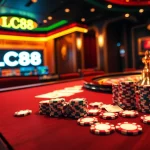 Players engaging in an exciting game at LC88 casino table with vibrant lighting and high-stakes atmosphere.