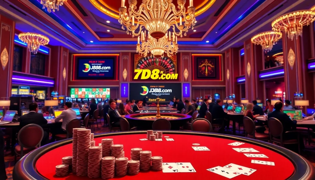 Hoạt động trên bàn cược có mức cược cao tại JD88.Com, nổi bật với những chip poker màu sắc và lá bài.