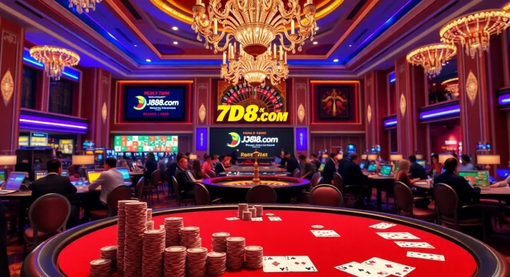 Hoạt động trên bàn cược có mức cược cao tại JD88.Com, nổi bật với những chip poker màu sắc và lá bài.