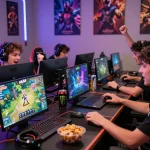 Players enjoying the nk88 game in an immersive gaming atmosphere filled with celebration and colorful graphics.