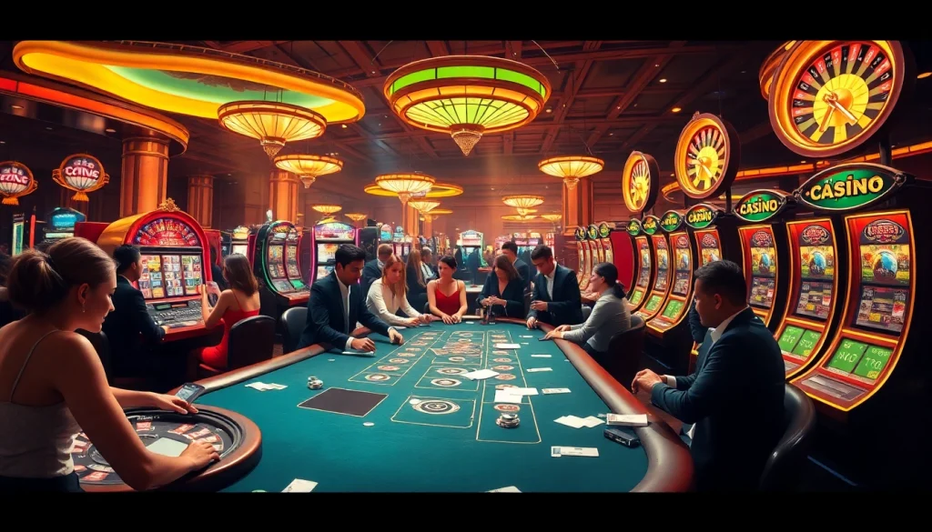 Players enjoying a thrilling game at XX88 casino featuring poker tables and vibrant slot machines.
